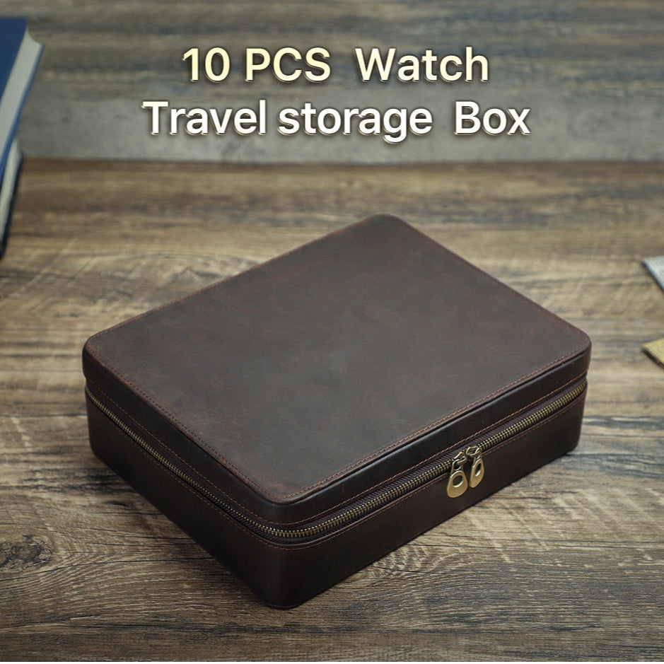 Handmade 10 Slot Crazy Horse Leather Watch Box