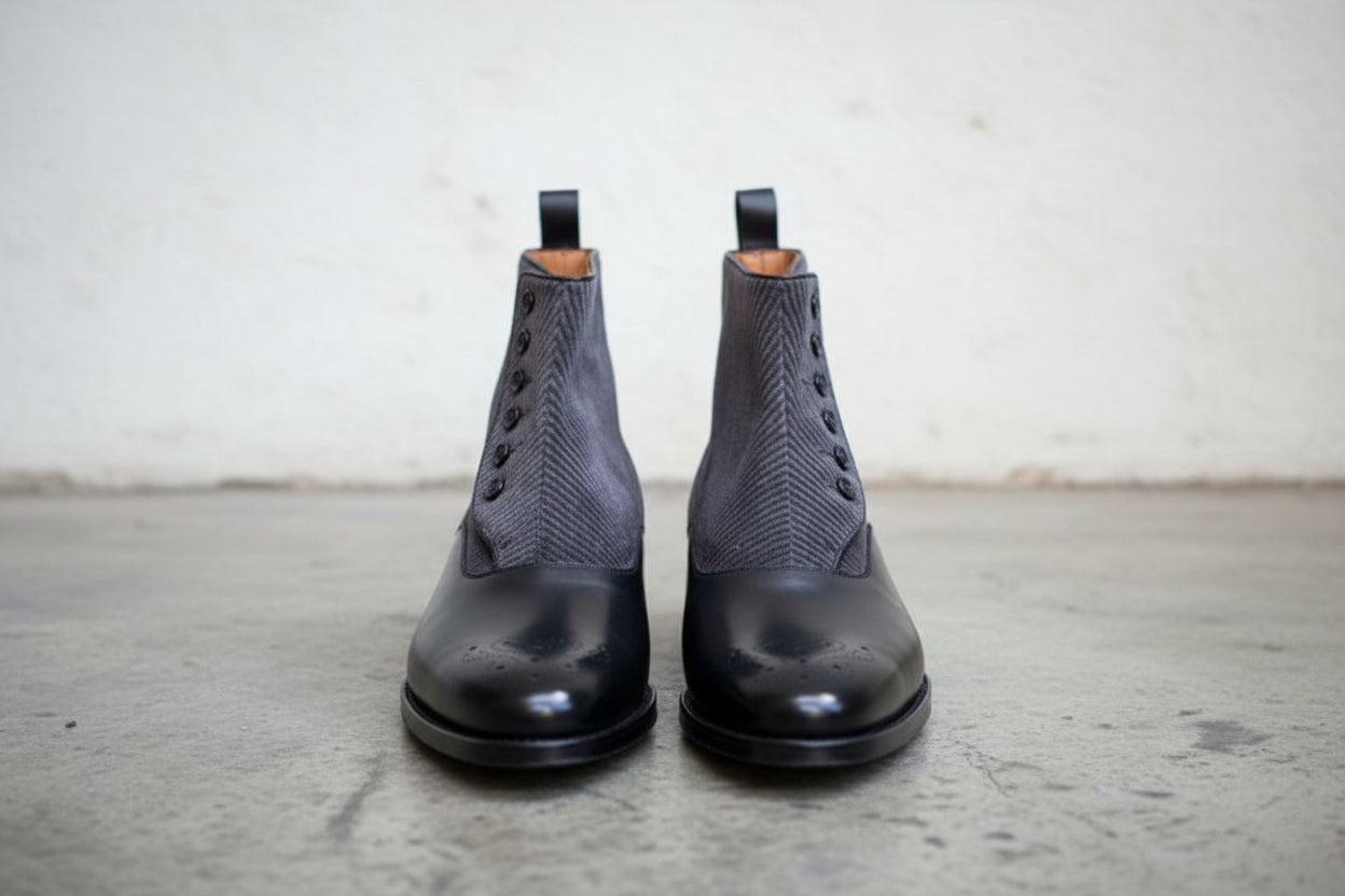 Handmade Black Button Boots, Men Black Formal Boot, Two Toned Boot