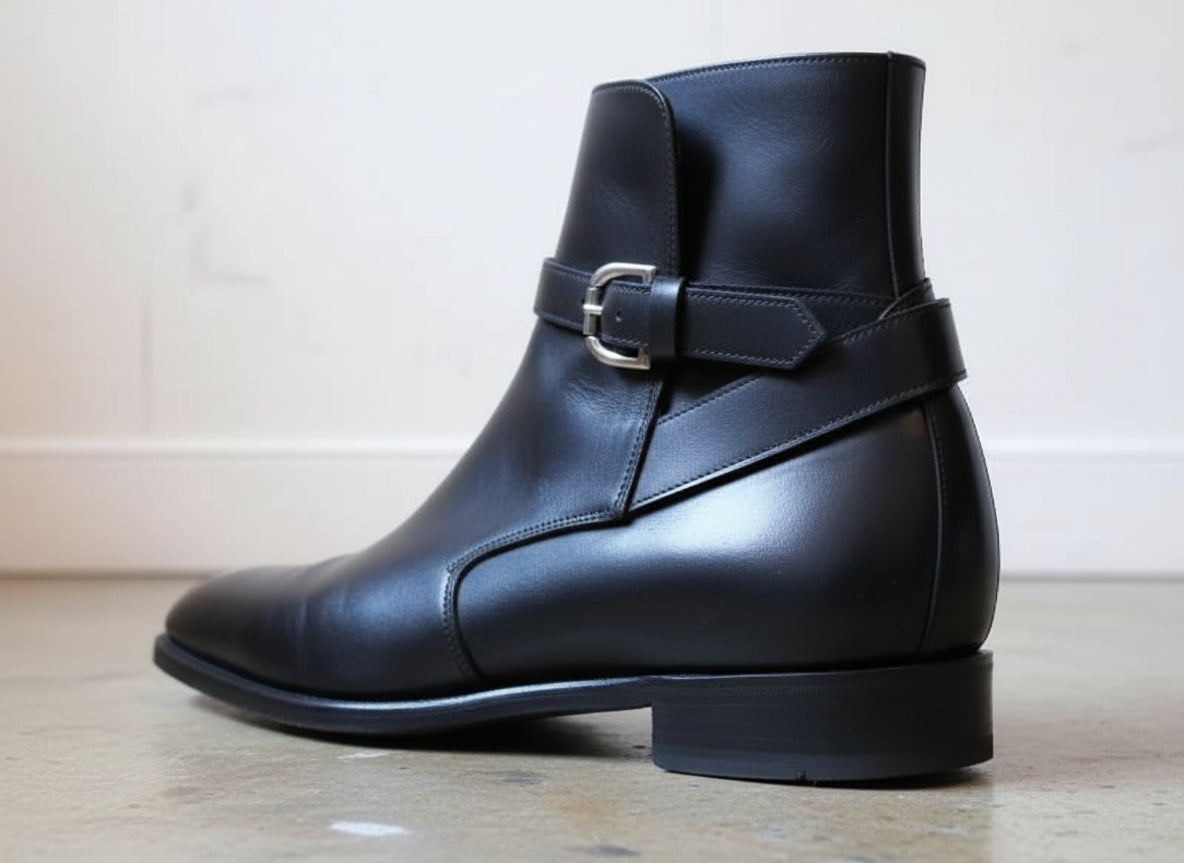 Handmade Black Jodhpurs Leather Boot, Men Ankle Leather Boot, Formal Boots - detail-view-showing-texture