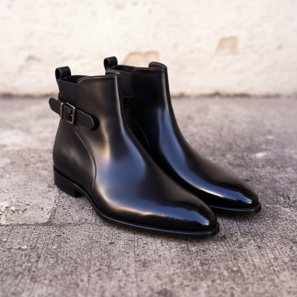 Handmade Black Leather Ankle Boots,Men Black Leather Boots,High Ankle Boots - angle-view-showing-depth