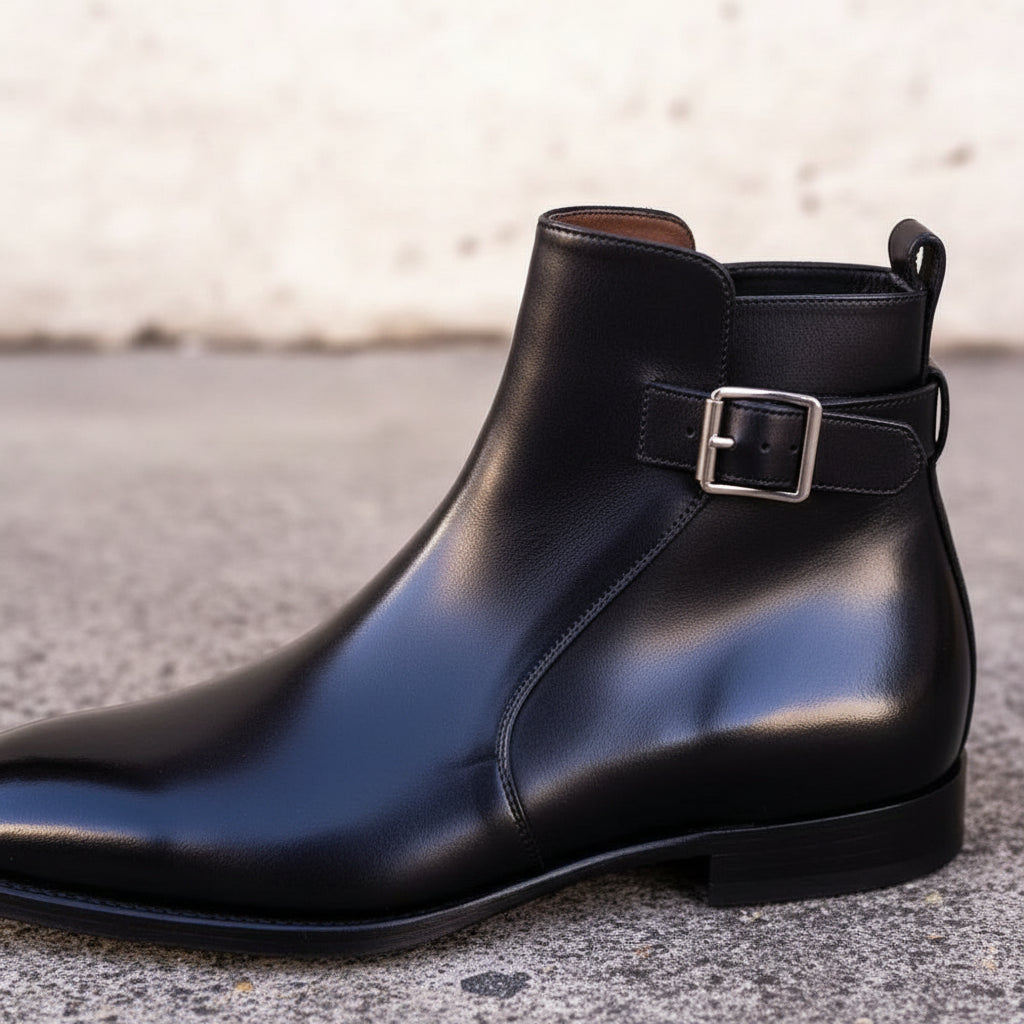 Handmade Black Leather Ankle Boots,Men Black Leather Boots,High Ankle Boots - detail-view-showing-texture