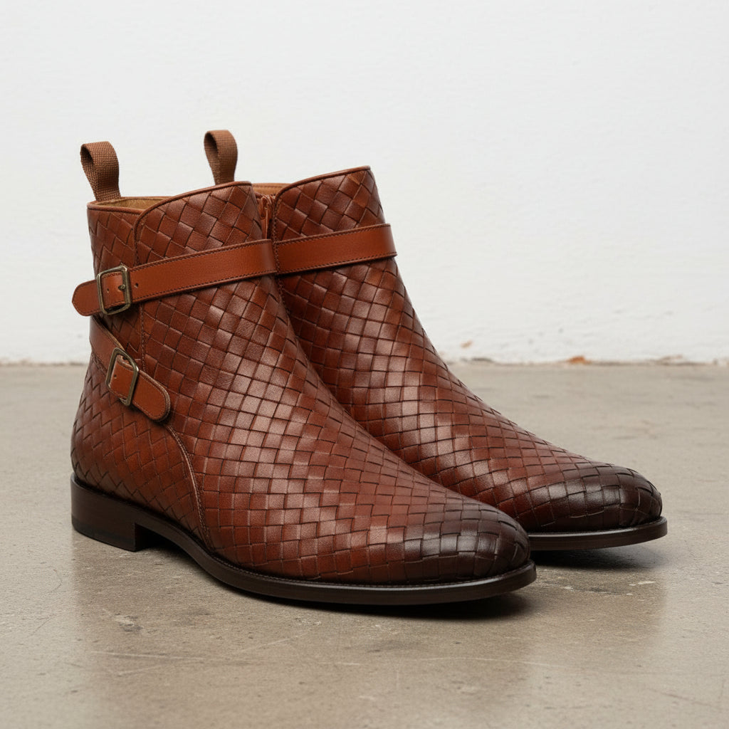 Handmade Brown Woven Chitai Mat Leather Ankle Boots, Business Office Boots - 3-4-right-view