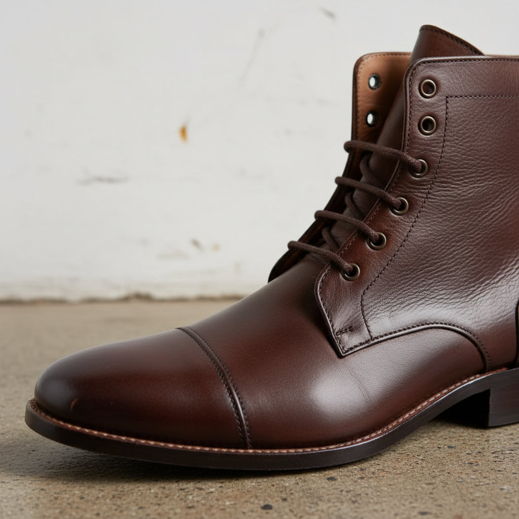 Handmade Cap-Toe Ankle Lace-Up Full-Grain Leather Men’s Boots - detail-view-showing-texture