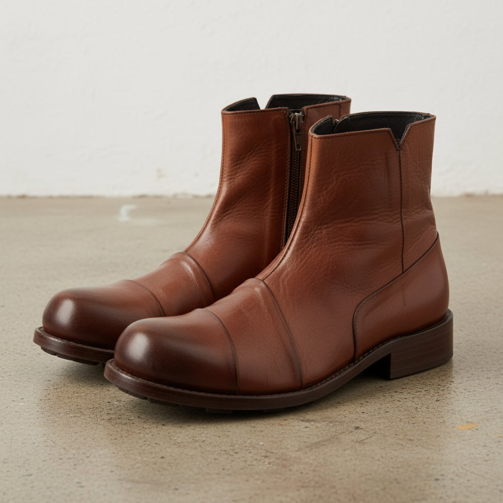 Handmade Cap-Toe Ankle Zipper Full-Grain Leather Men’s Casual Boots - angle-view-showing-depth