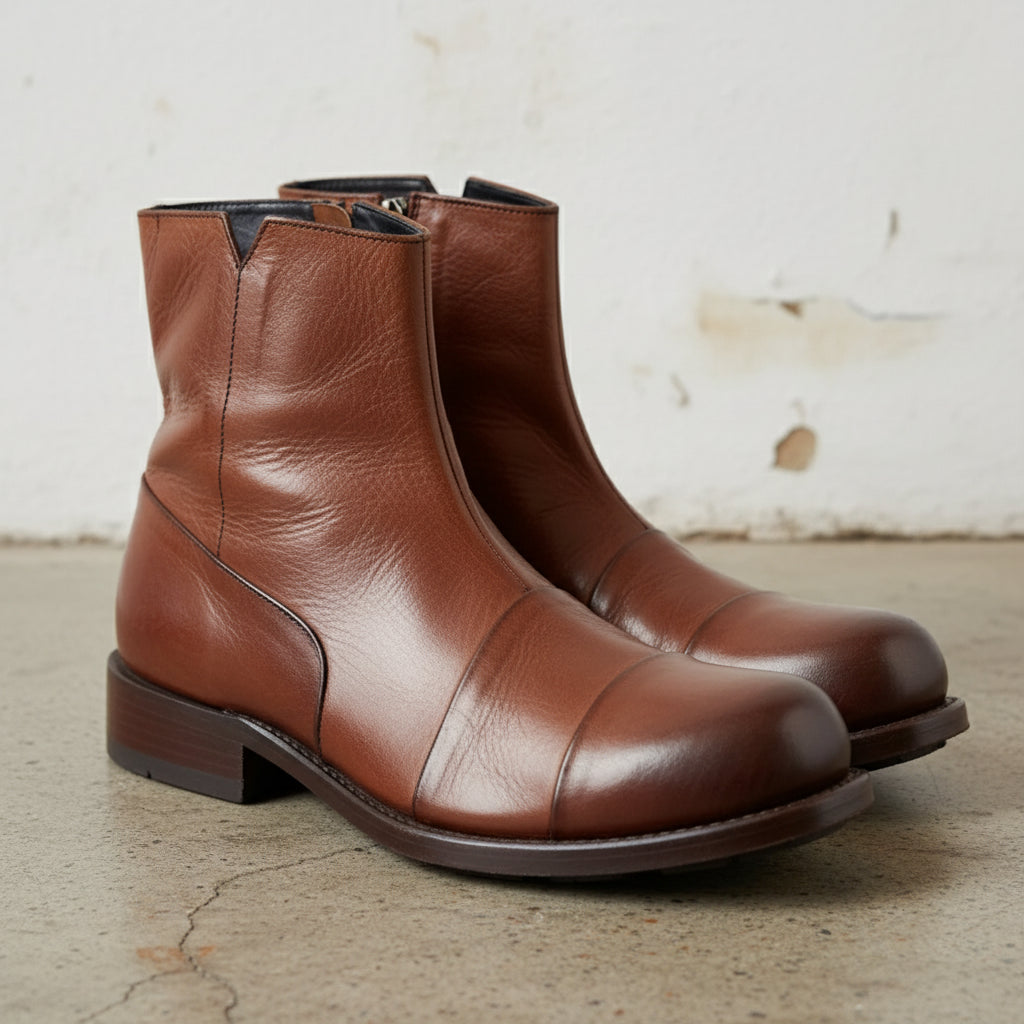 Handmade Cap-Toe Ankle Zipper Full-Grain Leather Men’s Casual Boots - detail-view-showing-texture