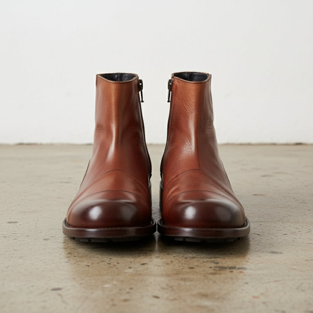 Handmade Cap-Toe Ankle Zipper Full-Grain Leather Men’s Casual Boots - front-view