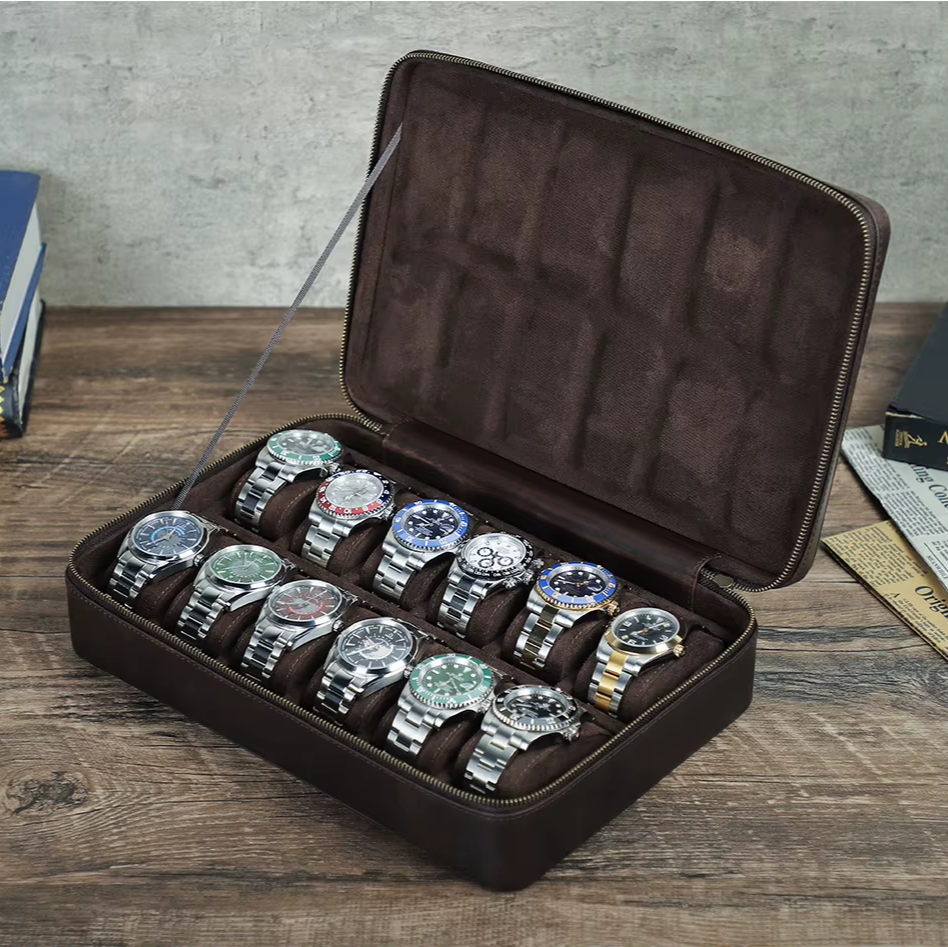 Handmade 12 Slot Crazy Horse Leather Watch Box