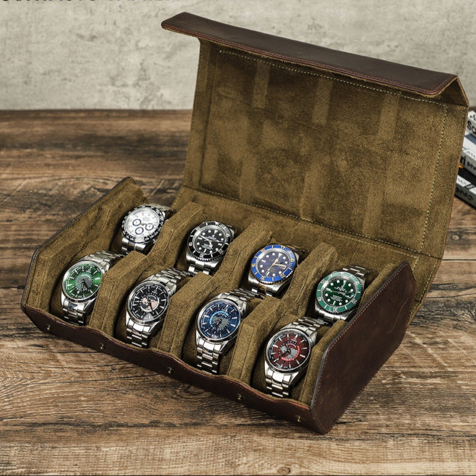 Handmade Crazy Horse Leather 8 Slots Watch Organizer