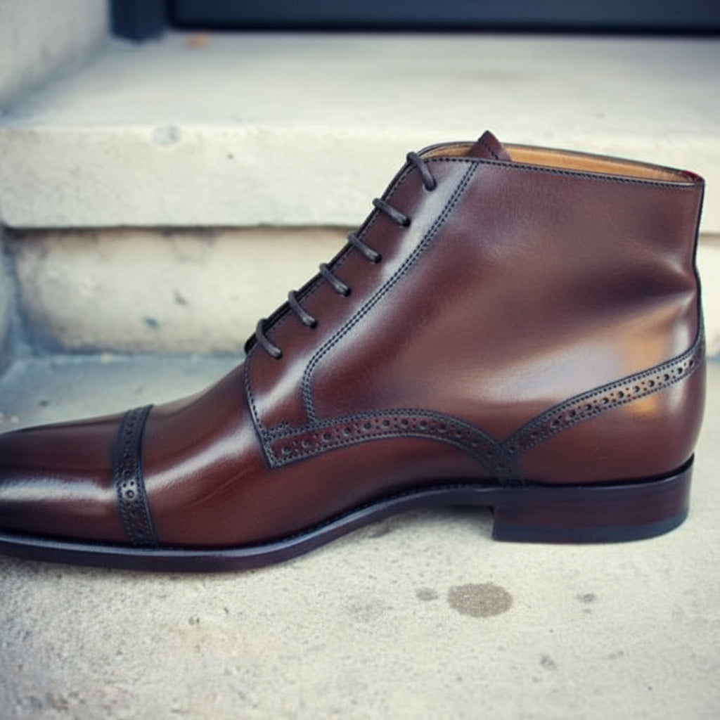 Men's Dark Brown Cap-Toe Leather Oxford Boots