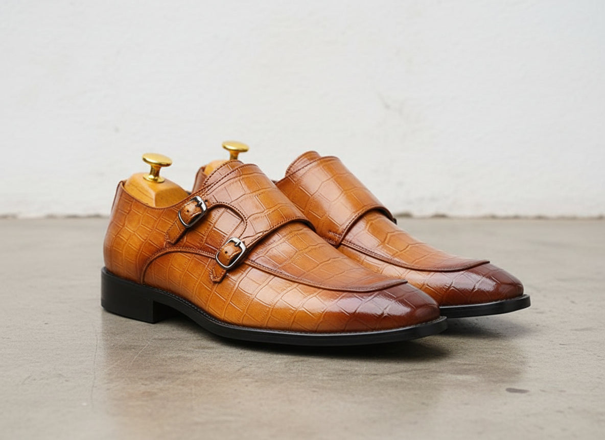 Handmade double monk Alligator shoes Crocodile Textur leather Shoes for men - angle-view-showing-depth