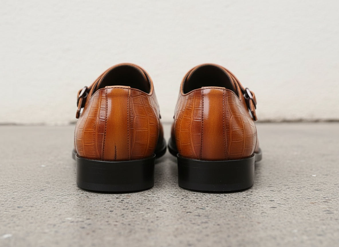 Handmade double monk Alligator shoes Crocodile Textur leather Shoes for men - back-view