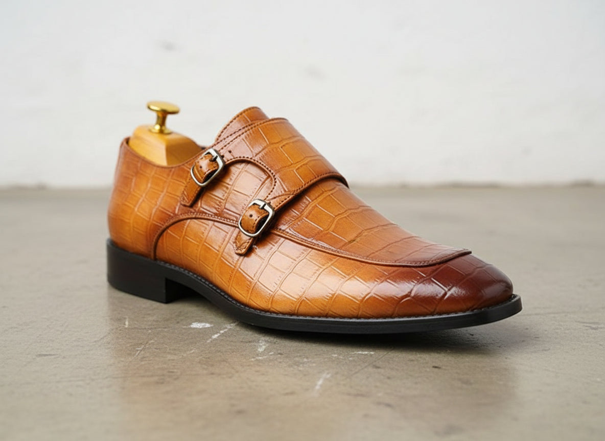 Handmade double monk Alligator shoes Crocodile Textur leather Shoes for men - detail-view-showing-texture