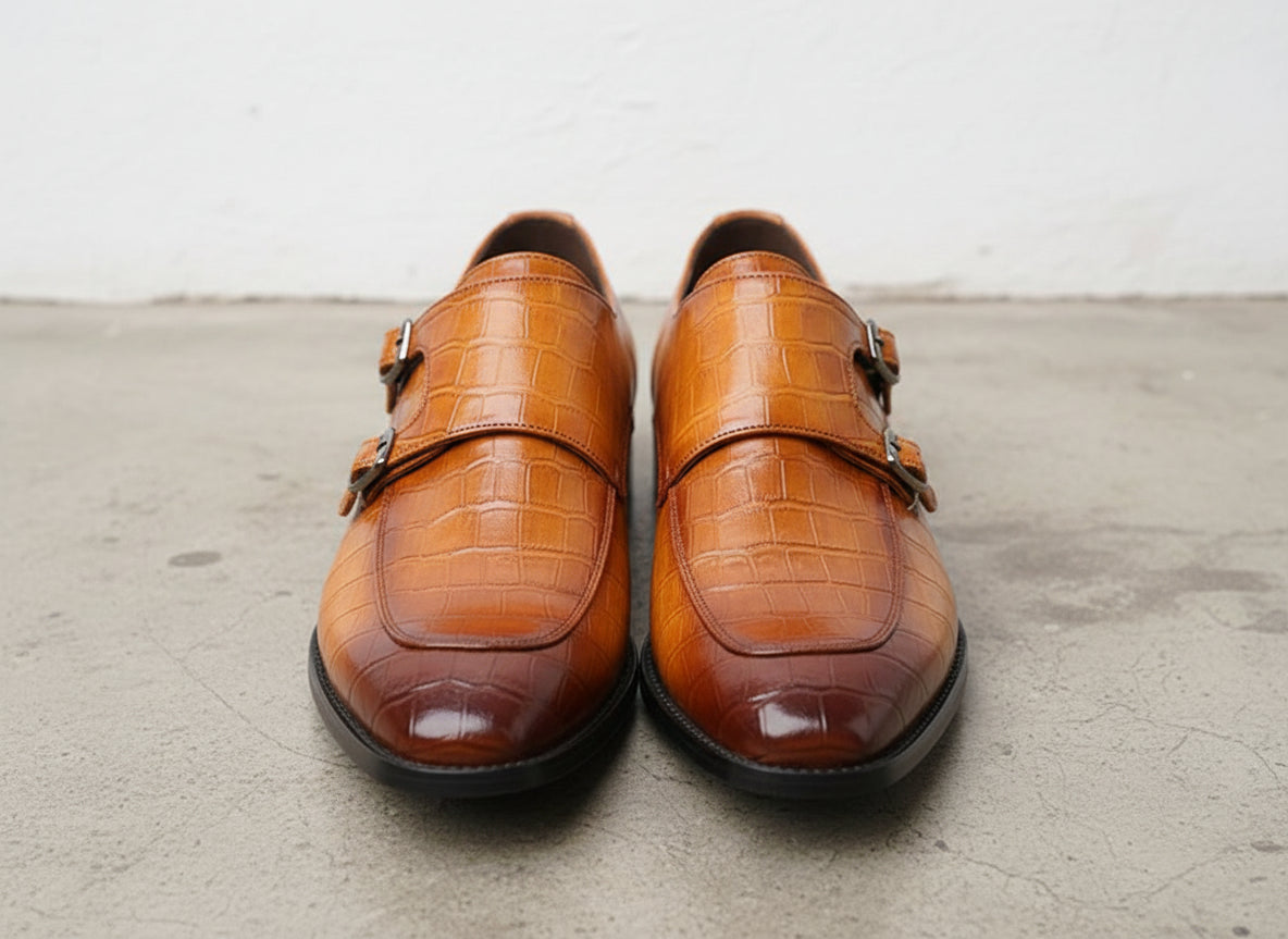 Handmade double monk Alligator shoes Crocodile Textur leather Shoes for men - front-view