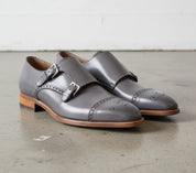 Handmade Gray Leather Oxford Brogue Toe Cap Double Buckle Monk Strap shoes
