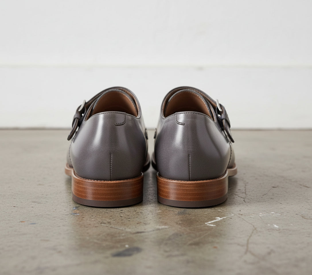 Handmade Gray Leather Oxford Brogue Toe Cap Double Buckle Monk Strap shoes