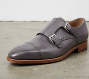 Handmade Gray Leather Oxford Brogue Toe Cap Double Buckle Monk Strap shoes