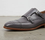 Handmade Gray Leather Oxford Brogue Toe Cap Double Buckle Monk Strap shoes