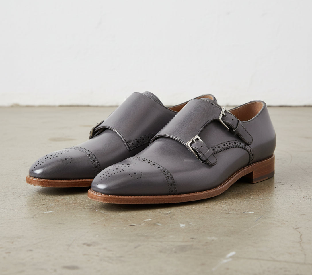 Handmade Gray Leather Oxford Brogue Toe Cap Double Buckle Monk Strap shoes