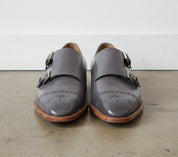 Handmade Gray Leather Oxford Brogue Toe Cap Double Buckle Monk Strap shoes