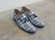 Handmade Gray Tweed fabric shoes moccasins, Mens gray Loafer Tassel shoes - 3-4-right-view