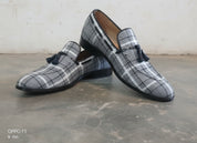 Handmade Gray Tweed fabric shoes moccasins, Mens gray Loafer Tassel shoes - angle-view-showing-depth