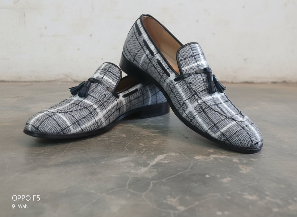Handmade Gray Tweed fabric shoes moccasins, Mens gray Loafer Tassel shoes - angle-view-showing-depth