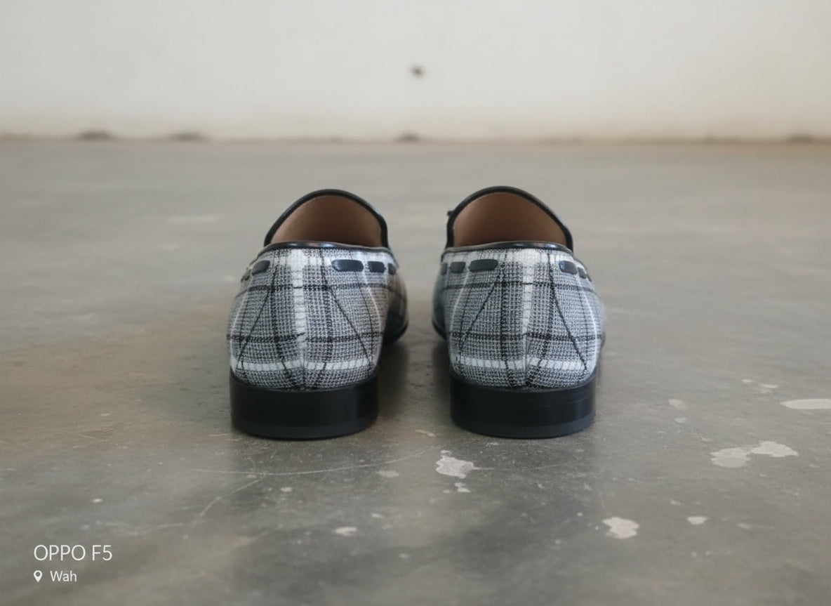 Handmade Gray Tweed fabric shoes moccasins, Mens gray Loafer Tassel shoes - back-view