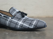 Handmade Gray Tweed fabric shoes moccasins, Mens gray Loafer Tassel shoes - detail-view-showing-texture