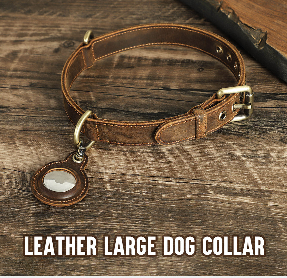 Handmade Leather Dog Collar for Big Dog with Buckle and AirTag Pocket