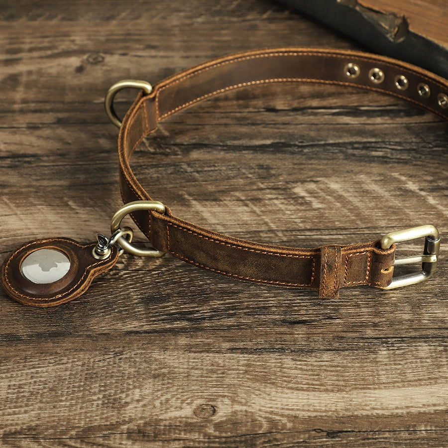 Handmade Leather Dog Collar for Big Dog with Buckle and AirTag Pocket