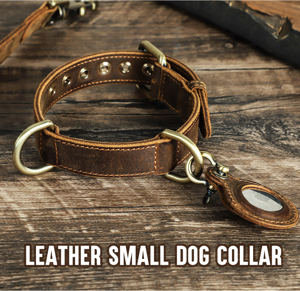 Handmade Leather Dog Collar for Small Dog with Antique Buckle and AirTag Pocket