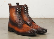 Handmade Men Alligators ankle boot, Men tan brown crocodile ankle boots - angle-view-showing-depth