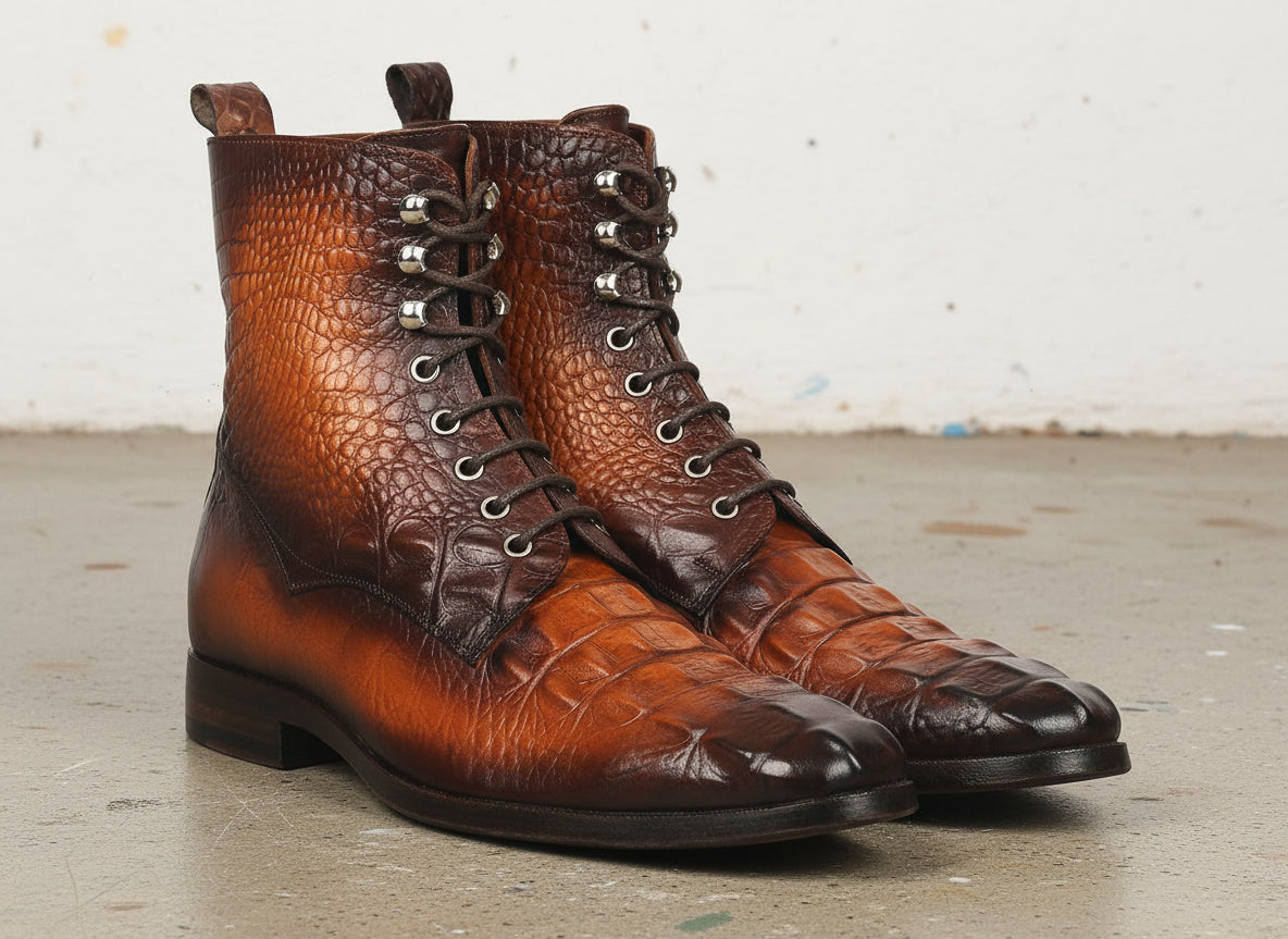 Handmade Men Alligators ankle boot, Men tan brown crocodile ankle boots - angle-view-showing-depth