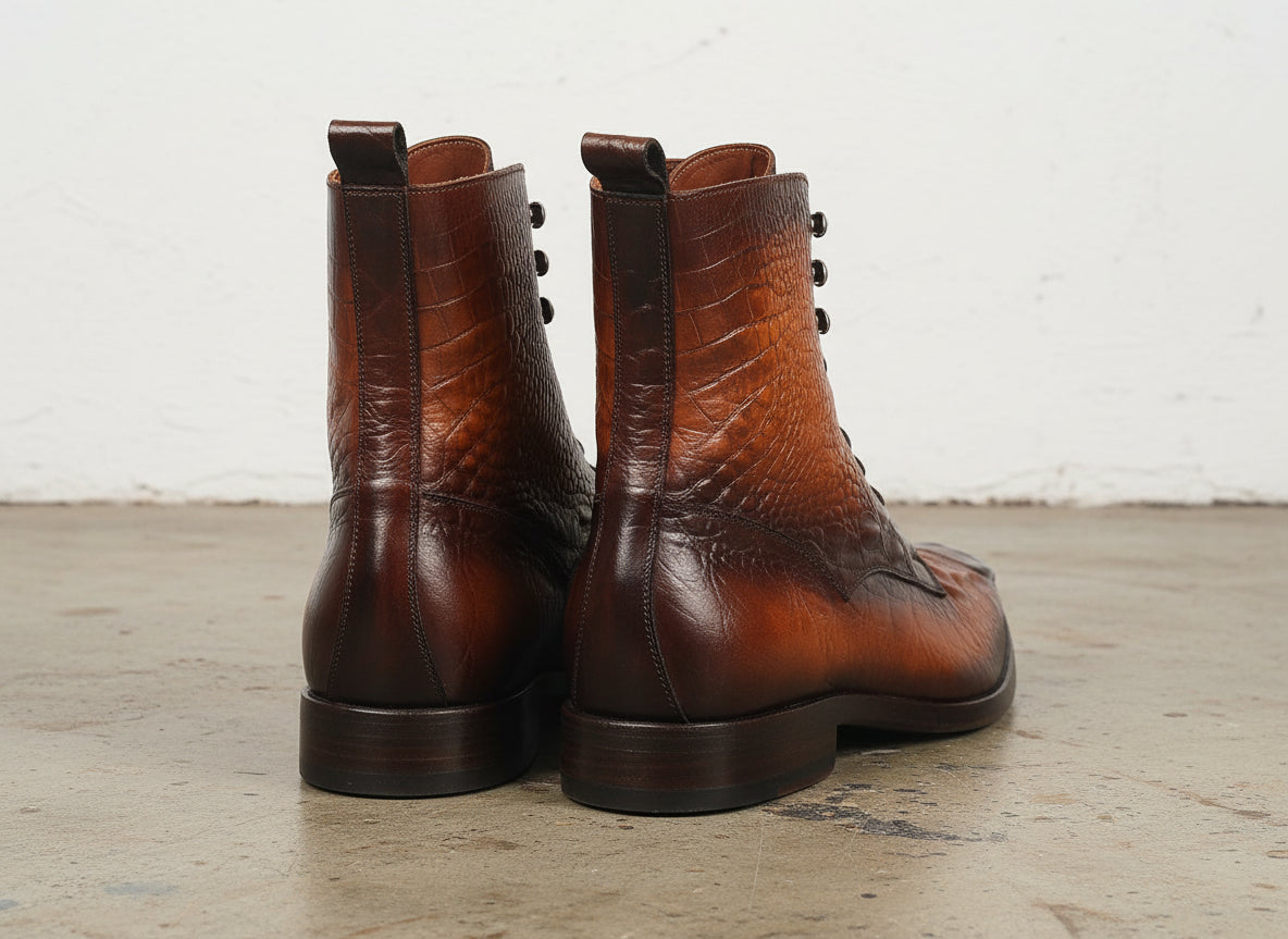 Handmade Men Alligators ankle boot, Men tan brown crocodile ankle boots - back-view