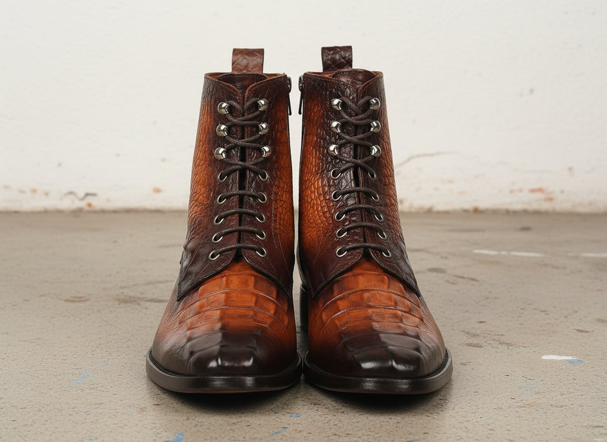 Handmade Men Alligators ankle boot, Men tan brown crocodile ankle boots - front-view