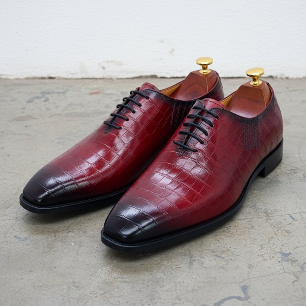 Handmade Men Alligators shoes, Men burgundy crocodile shoes, shoes for men - front-view