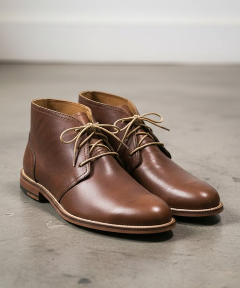 Handmade Men Antique Brown Leather Chukka Boots, Leather Casual Boots - angle-view-showing-depth