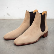 Handmade Men Beige Suede Chelsea Boots Casual Suede Ankle Boots - angle-view-showing-depth
