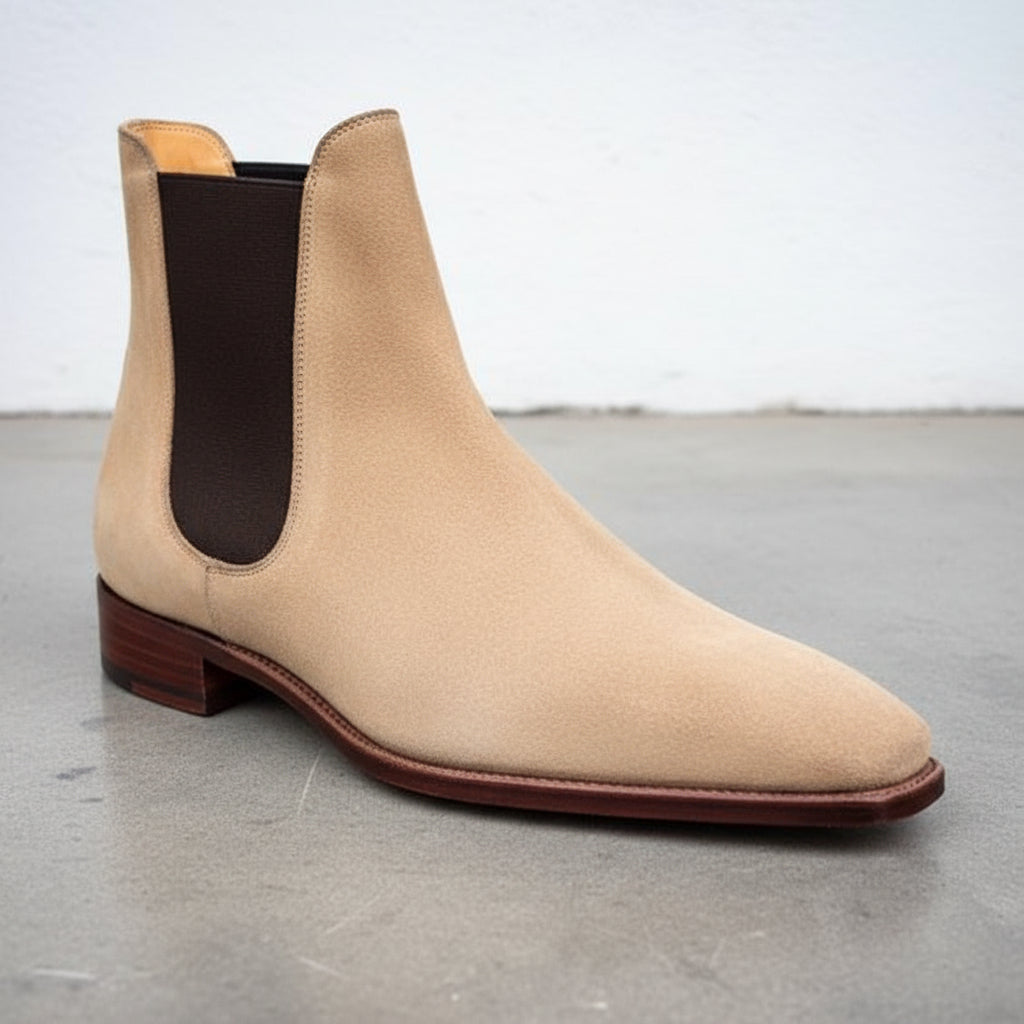 Handmade Men Beige Suede Chelsea Boots Casual Suede Ankle Boots - detail-view-showing-texture