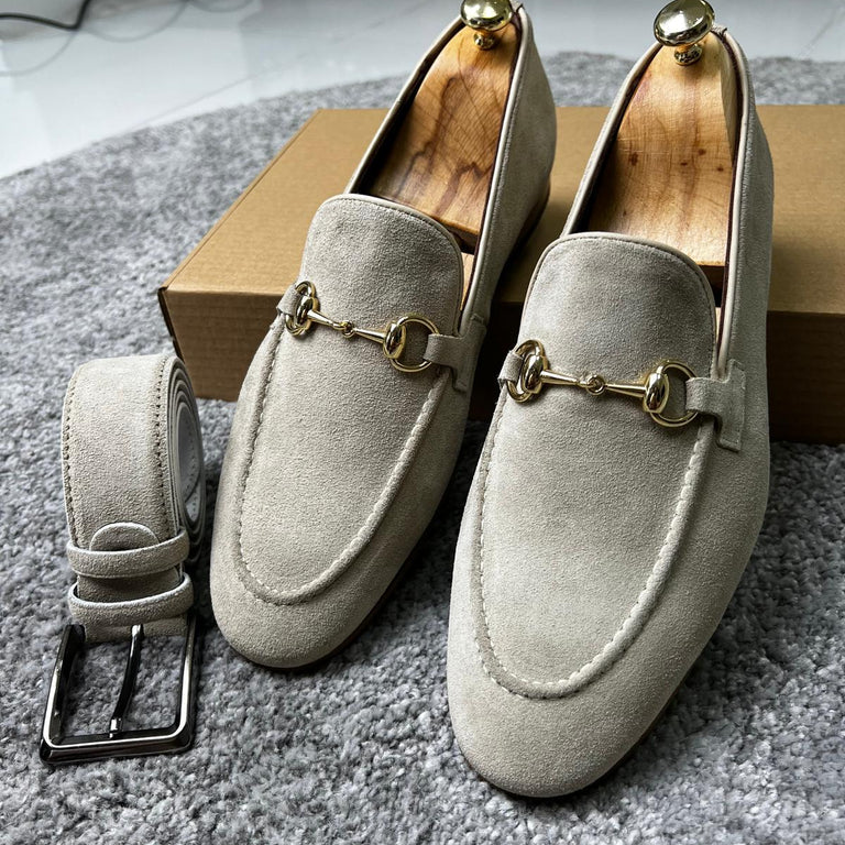 Handmade Men Light Gray Suede Leather Moccasin Shoes, Bit Loafers, Slip ons