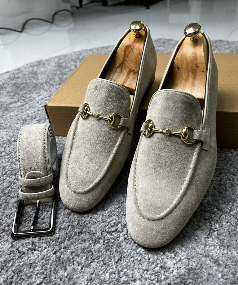 Handmade Men Light Gray Suede Leather Moccasin Shoes, Bit Loafers, Slip ons