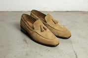 Handmade Men beige suede moccasins Men beige suede penny loafer - angle-view-showing-depth