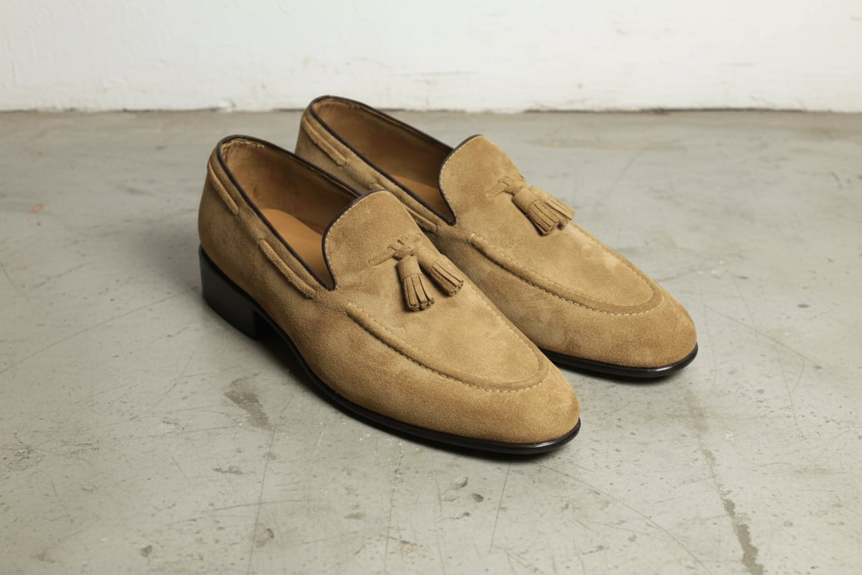 Handmade Men beige suede moccasins Men beige suede penny loafer - angle-view-showing-depth