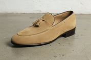 Handmade Men beige suede moccasins Men beige suede penny loafer - detail-view-showing-texture