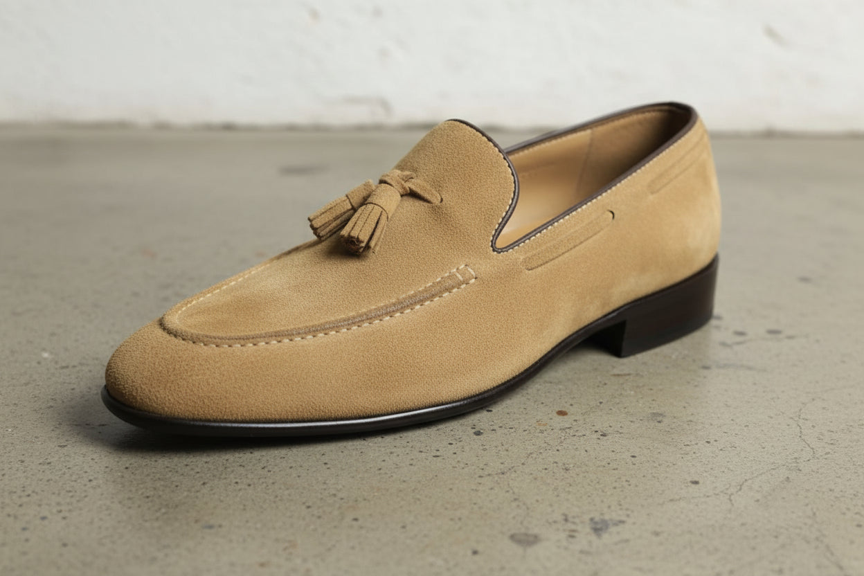Handmade Men beige suede moccasins Men beige suede penny loafer - detail-view-showing-texture