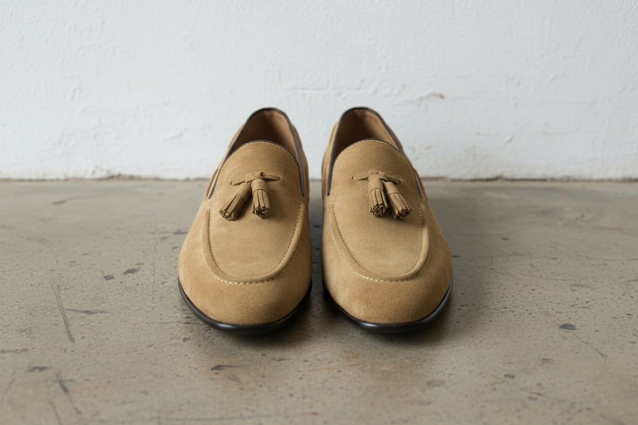 Handmade Men beige suede moccasins Men beige suede penny loafer - front-view