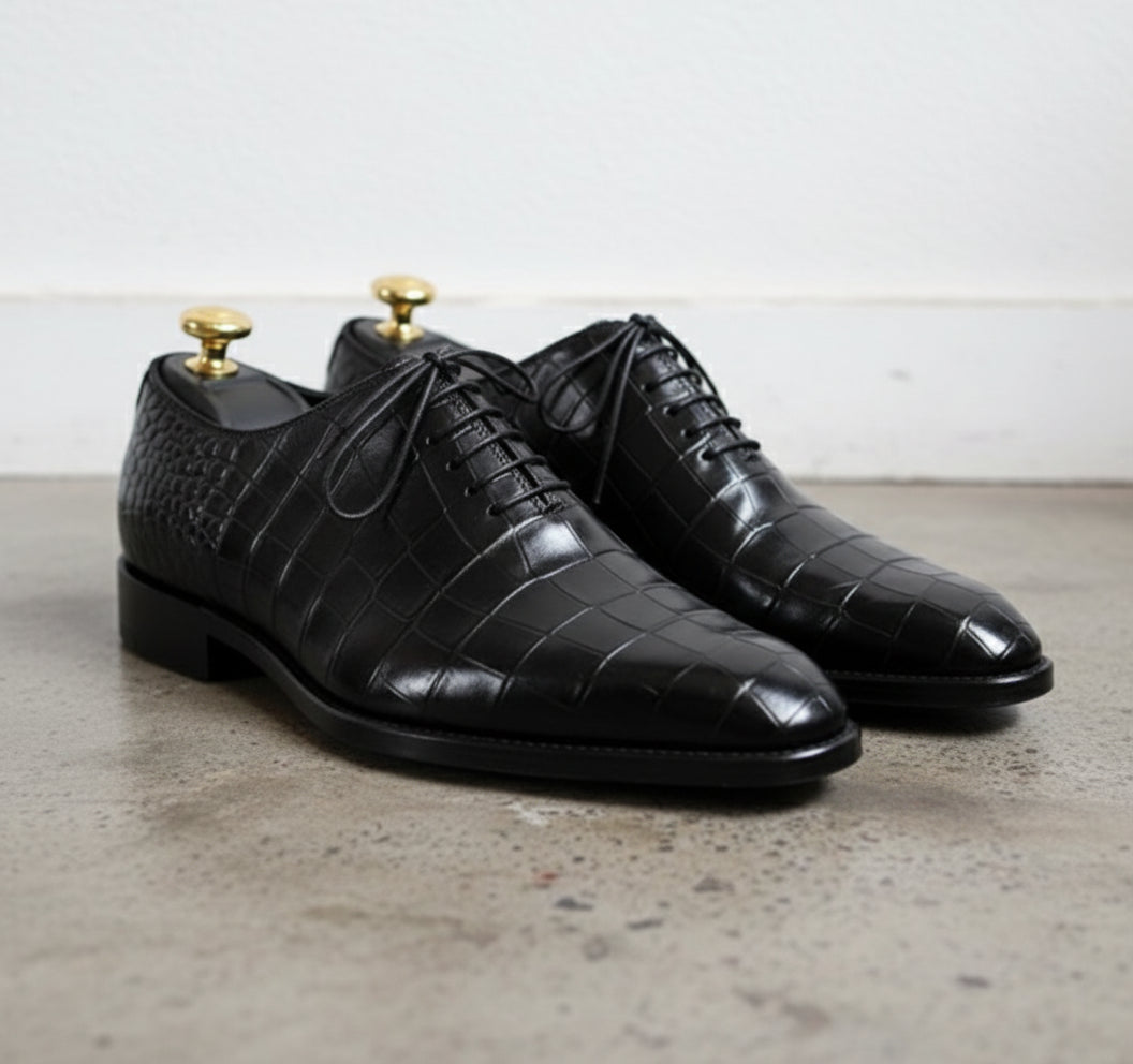 Handmade Men black aligators shoes, Men Oxfords shoes, Crocodile shoes mens - angle-view-showing-depth
