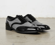 Handmade Men Black And Gray Wingtip Brogue Formal Shoes Tuxedo Dress Shoes - angle-view-showing-depth