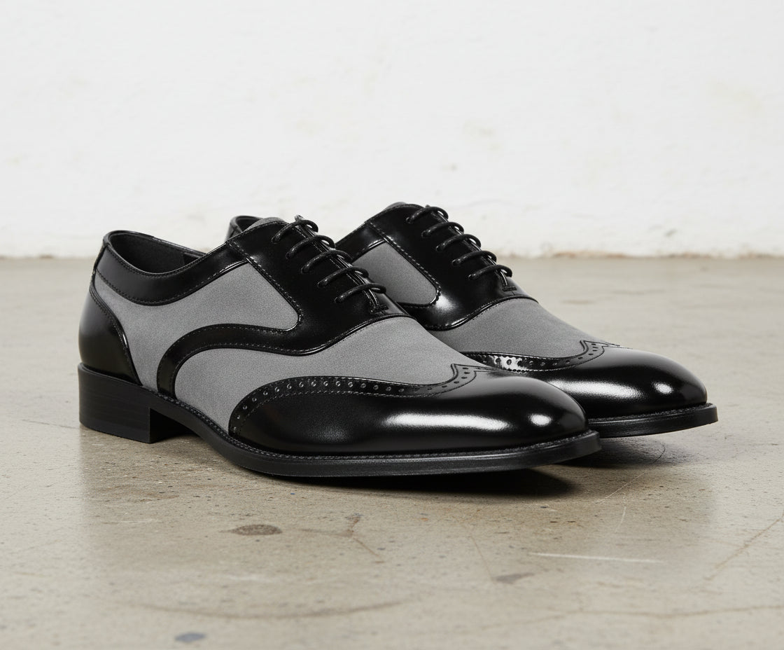 Handmade Men Black And Gray Wingtip Brogue Formal Shoes Tuxedo Dress Shoes - angle-view-showing-depth