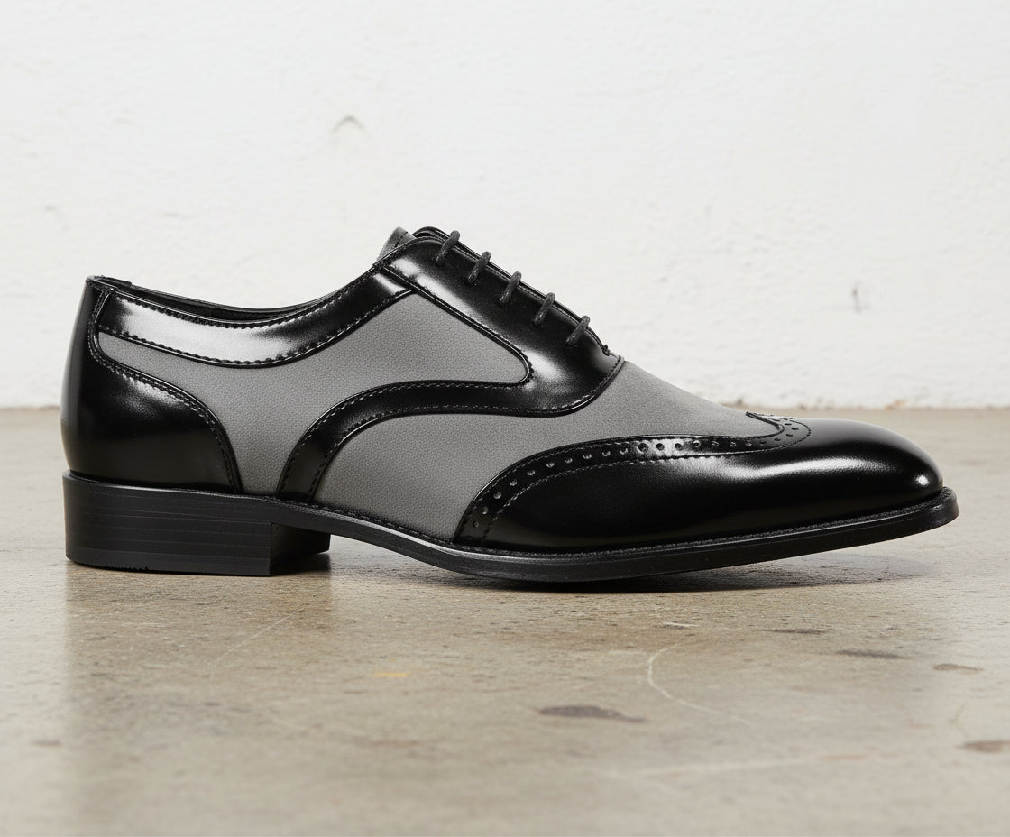 Handmade Men Black And Gray Wingtip Brogue Formal Shoes Tuxedo Dress Shoes - detail-view-showing-texture